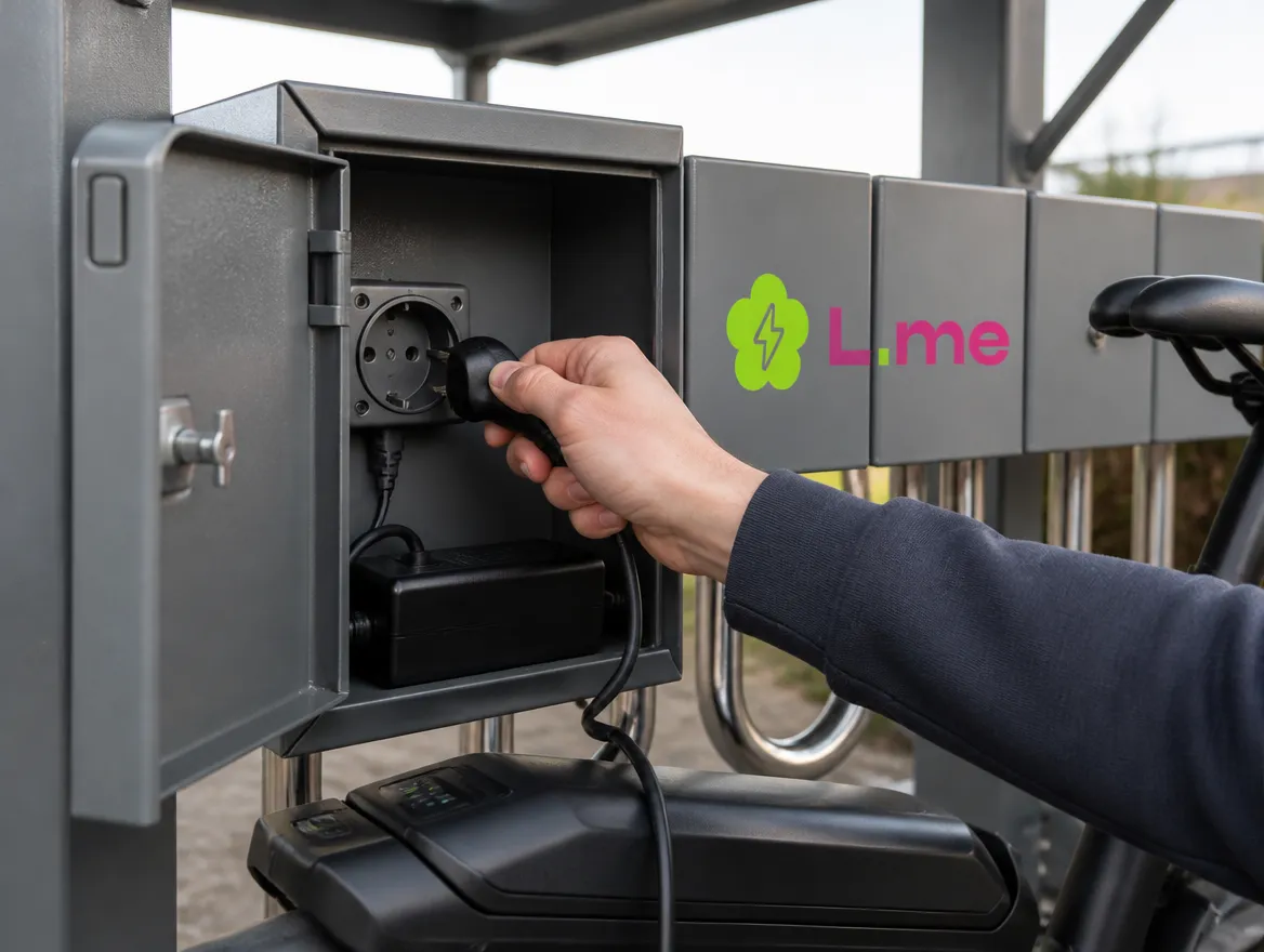 Ladegerät wird im L.me Ladefach eingesteckt, das Kabel führt zum E-Bike-Akku