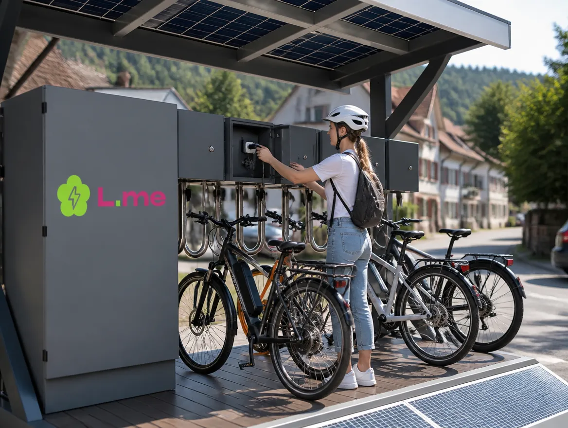 Frau steckt ihr E-Bike-Ladegerät in die Steckdose einer solarbetriebenen L.me Ladestation