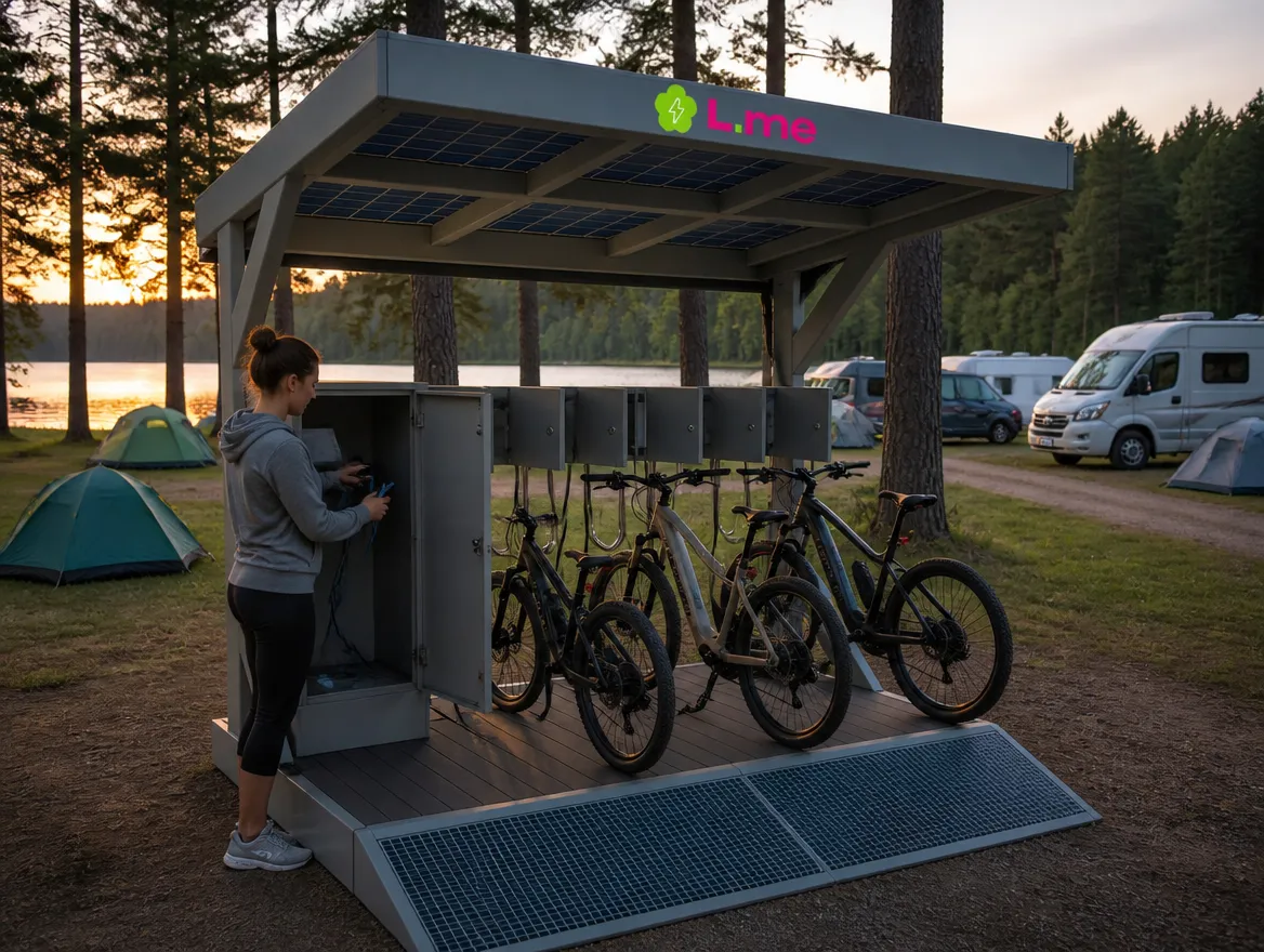 L.me Solar-Ladestation auf einem Campingplatz am See