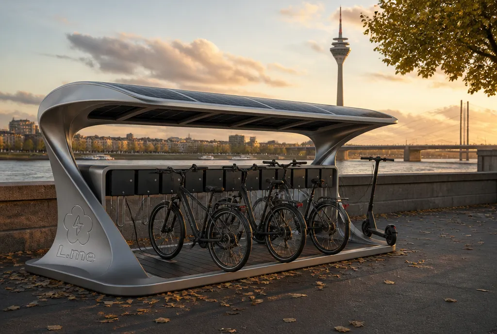 L.me Solar-Ladestation im Design-Look aus gebürstetem Metall am Flussufer