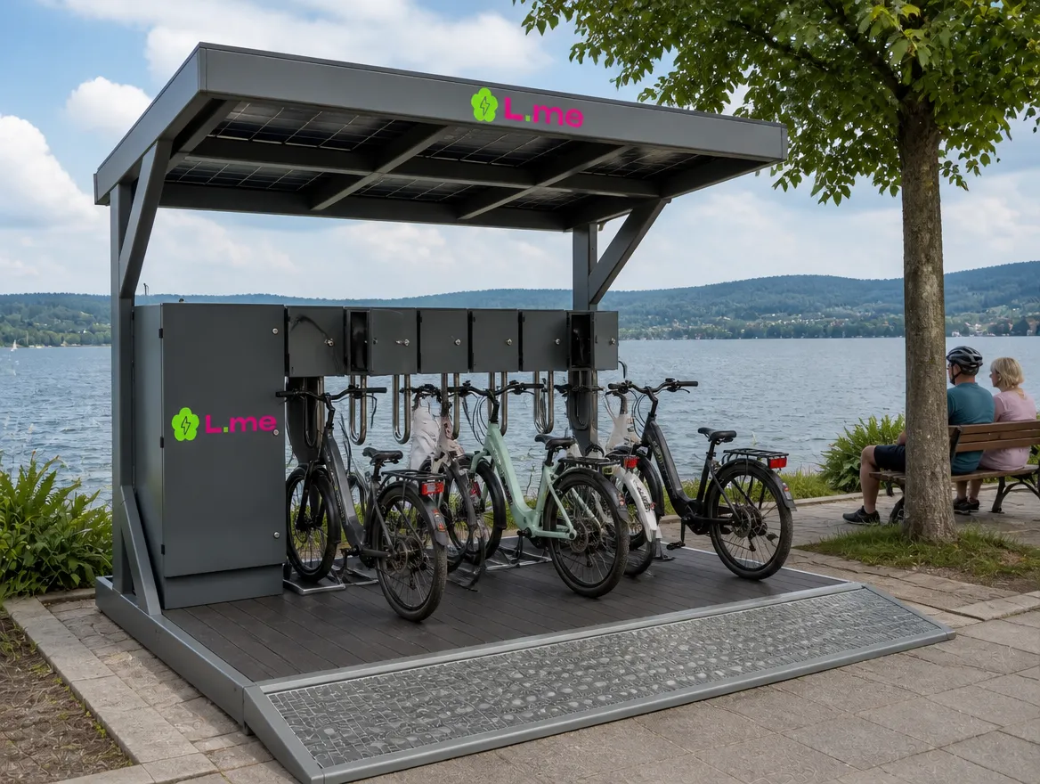 Kompakte L.me Solar-Ladestation am See mit mehreren E-Bikes