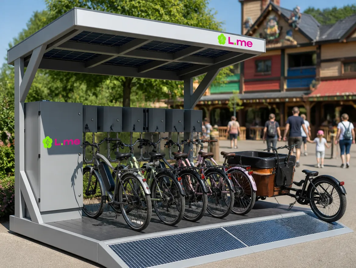 L.me Solar-Ladestation vor einem Freizeitpark mit E-Bikes und Lastenrad