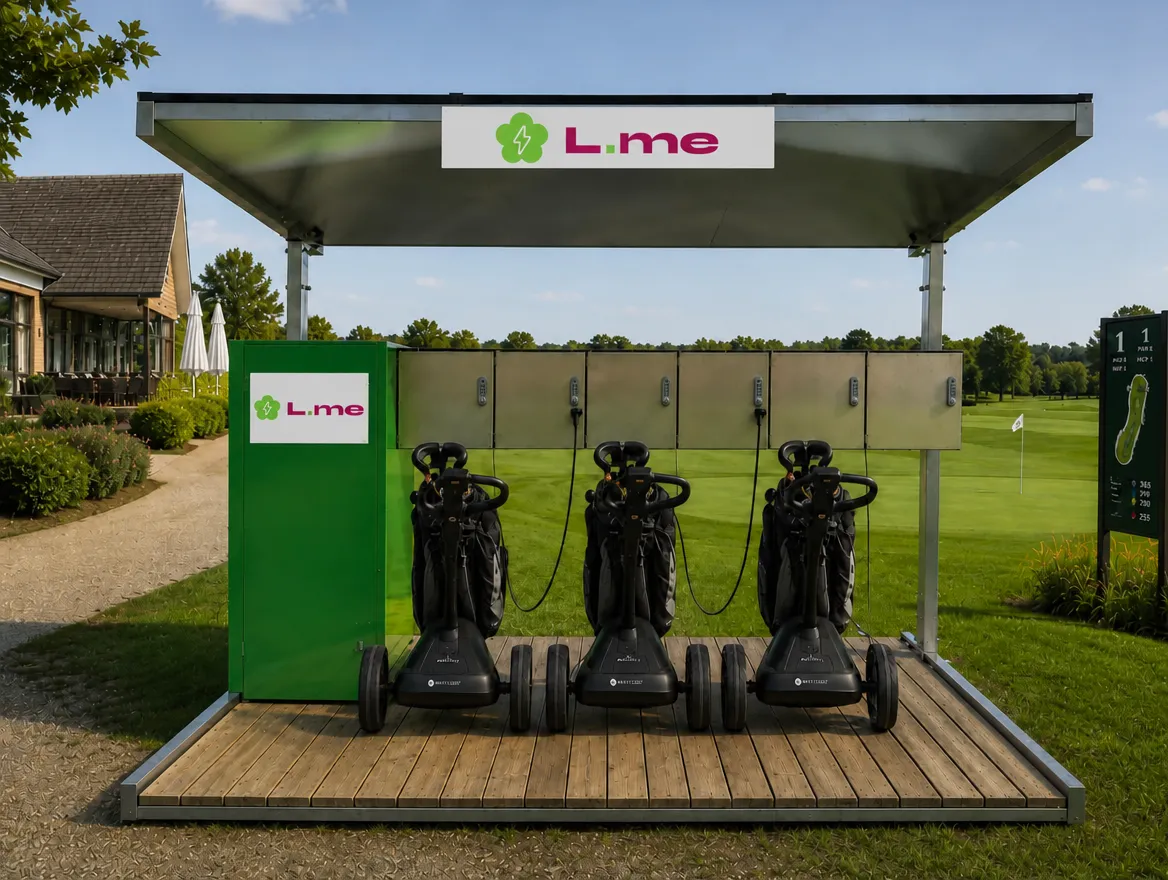 L.me Solar-Ladestation am Golfplatz: drei E-Golf-Trolleys hängen am Ladekabel