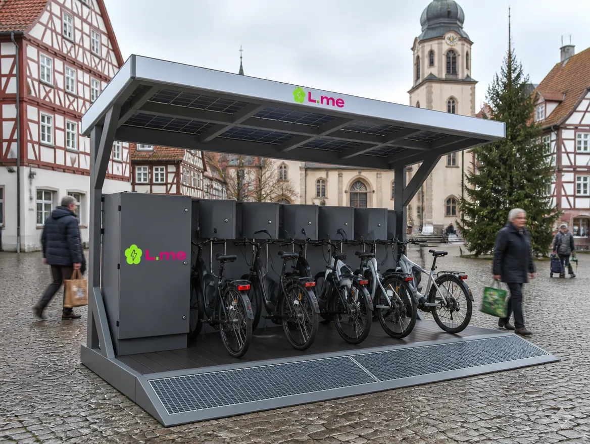 Solarbetriebene L.me Ladestation auf dem Marktplatz einer Kleinstadt, E-Bikes laden