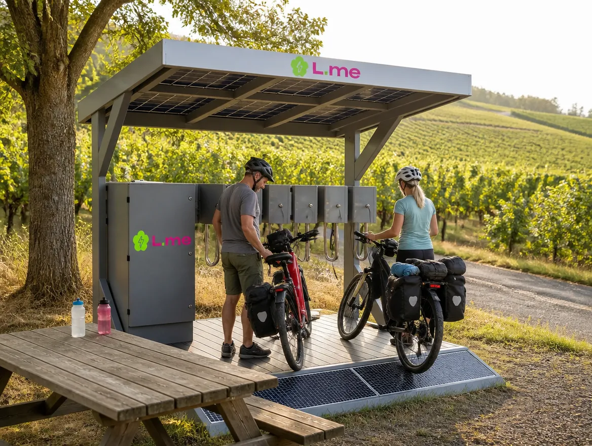 L.me Solar-Ladestation an einem Radweg in den Weinbergen mit zwei Radreisenden