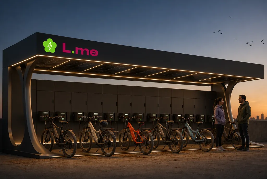 Große L.me Solar-Ladestation am Abend: sieben E-Bikes laden gleichzeitig mit gespeichertem Solarstrom